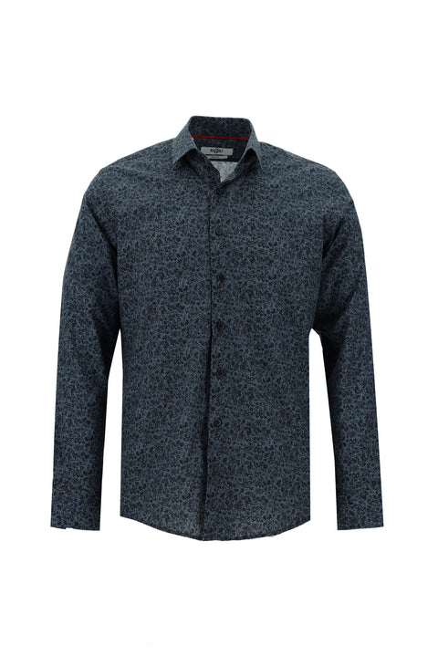 Dark Blue Long Sleeve Slim Fit Printed Cotton Shirt