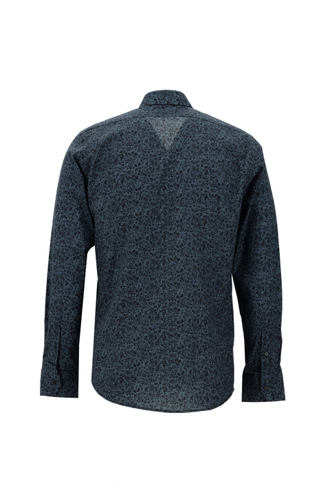 Dark Blue Long Sleeve Slim Fit Printed Cotton Shirt