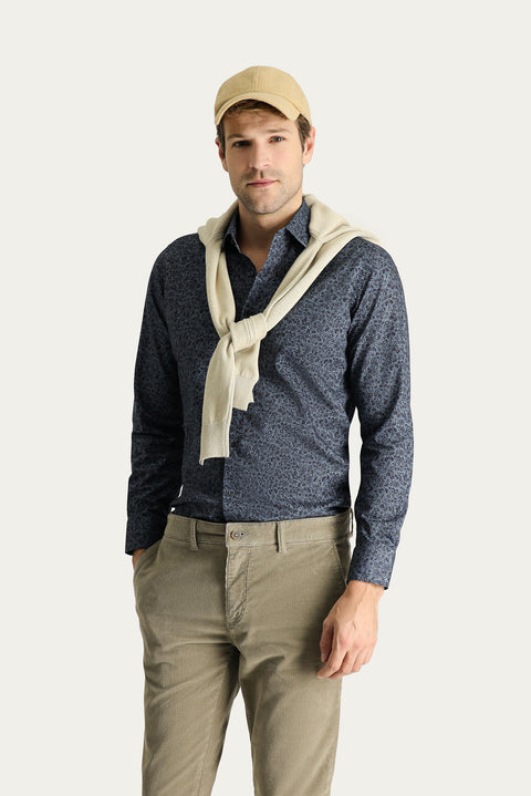 Dark Blue Long Sleeve Slim Fit Printed Cotton Shirt