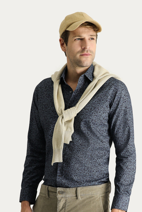 Dark Blue Long Sleeve Slim Fit Printed Cotton Shirt