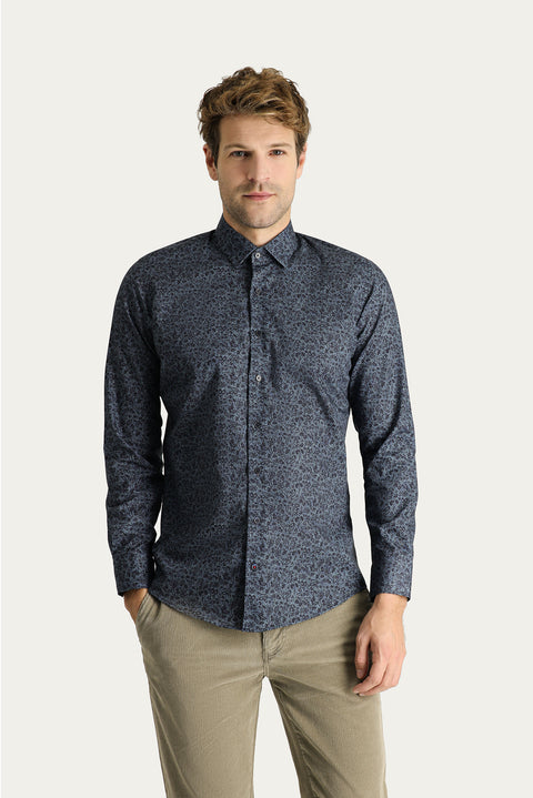 Dark Blue Long Sleeve Slim Fit Printed Cotton Shirt