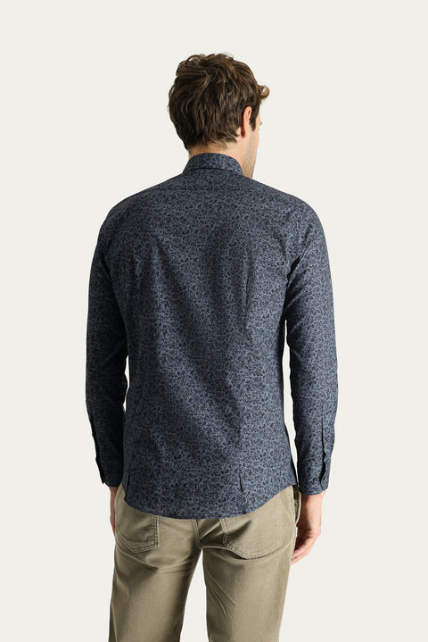 Dark Blue Long Sleeve Slim Fit Printed Cotton Shirt