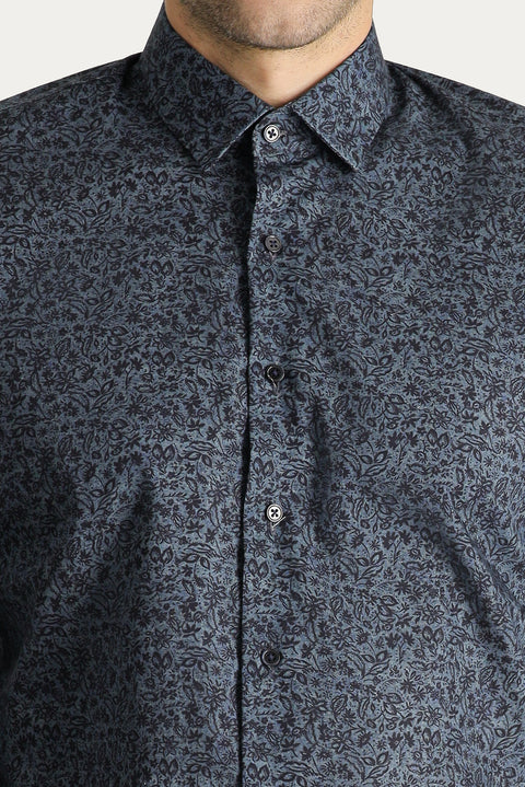Dark Blue Long Sleeve Slim Fit Printed Cotton Shirt