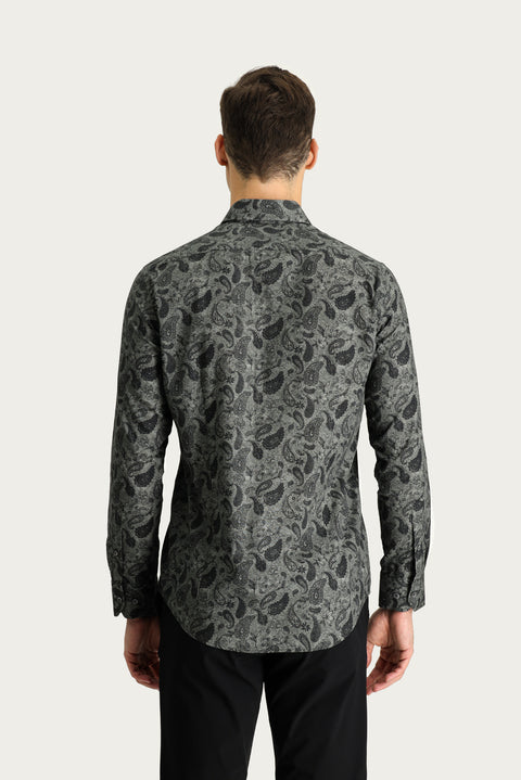 Medium Anthracite Long Sleeve Slim Fit Printed Cotton Sport Shirt