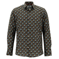 Tile-colored Long-Sleeve Printed Slim Fit Narrow Cut Cotton Shirt