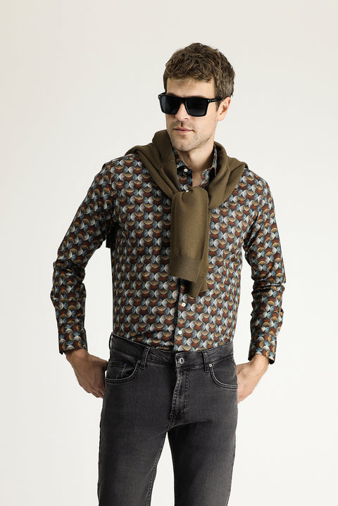 Tile-colored Long-Sleeve Printed Slim Fit Narrow Cut Cotton Shirt