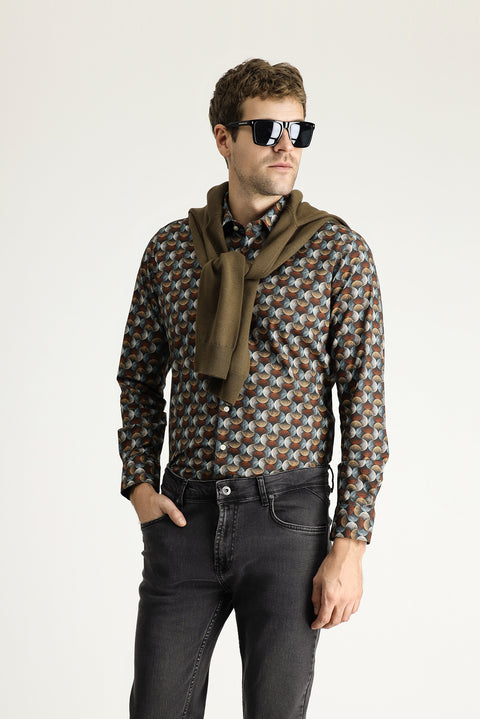Tile-colored Long-Sleeve Printed Slim Fit Narrow Cut Cotton Shirt