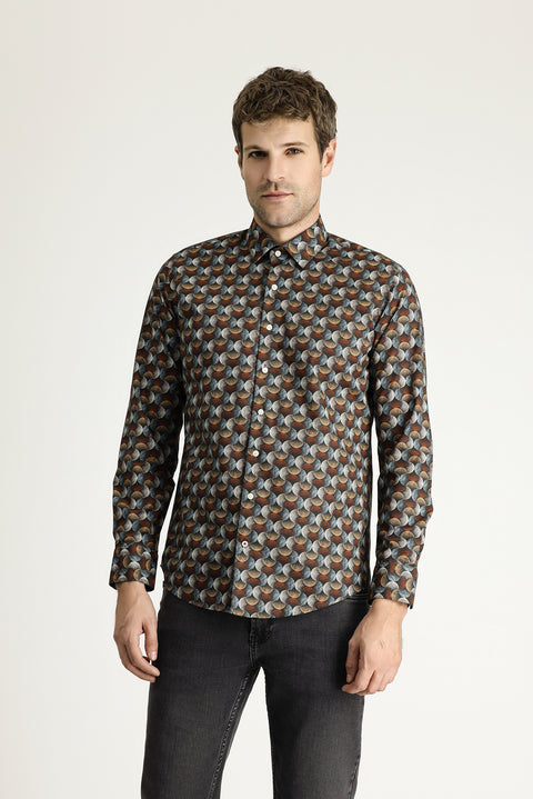 Tile-colored Long-Sleeve Printed Slim Fit Narrow Cut Cotton Shirt