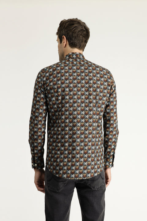 Tile-colored Long-Sleeve Printed Slim Fit Narrow Cut Cotton Shirt