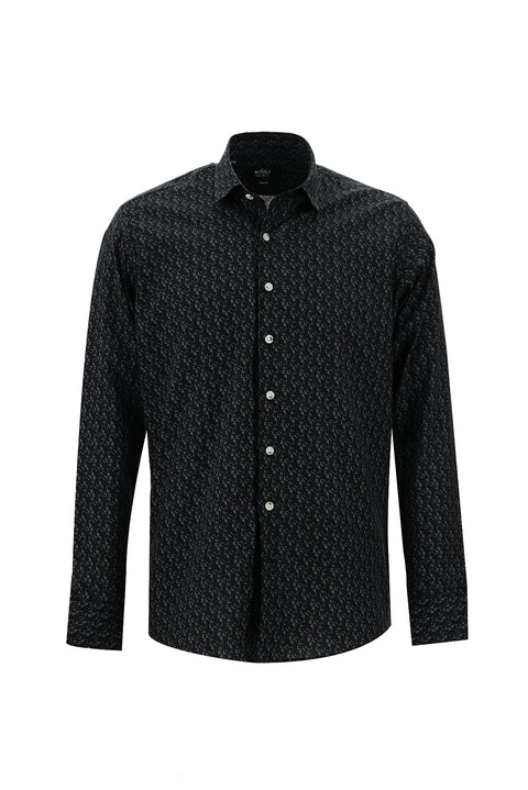 Black Long Sleeve Printed Slim Fit Narrow Cut Cotton Shirt