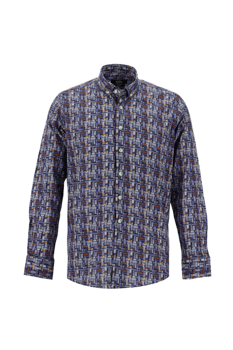 Koyu Mavi  Uzun Kol Baskılı Slim Fit Dar Kesim Pamuk Gömlek