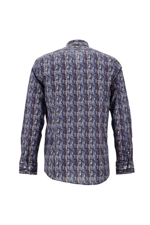 Koyu Mavi  Uzun Kol Baskılı Slim Fit Dar Kesim Pamuk Gömlek