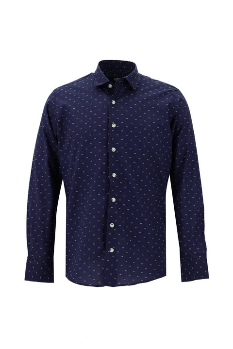 Light Navy Blue Long Sleeve Printed Slim Fit Narrow Cut Cotton Shirt