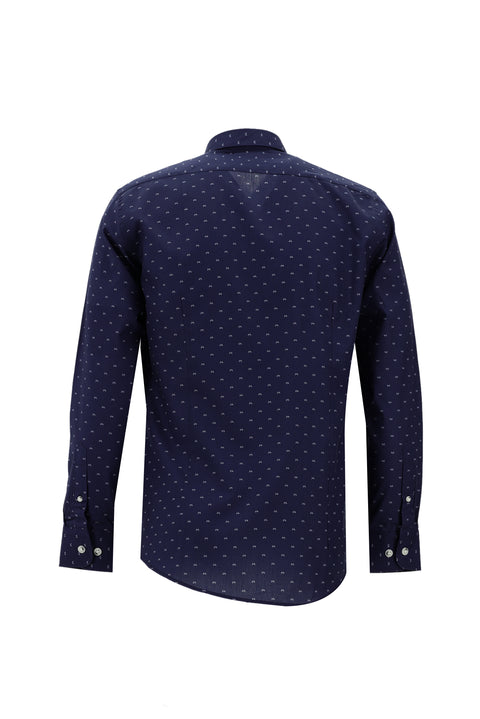 Light Navy Blue Long Sleeve Printed Slim Fit Narrow Cut Cotton Shirt