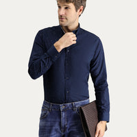 Dark Navy Long Sleeve Slim Fit Printed Cotton Button-Down Collar Shirt
