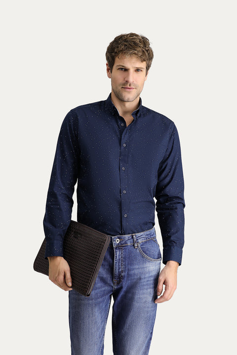 Dark Navy Long Sleeve Slim Fit Printed Cotton Button-Down Collar Shirt