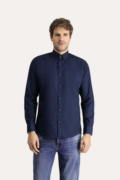 Dark Navy Long Sleeve Slim Fit Printed Cotton Button-Down Collar Shirt