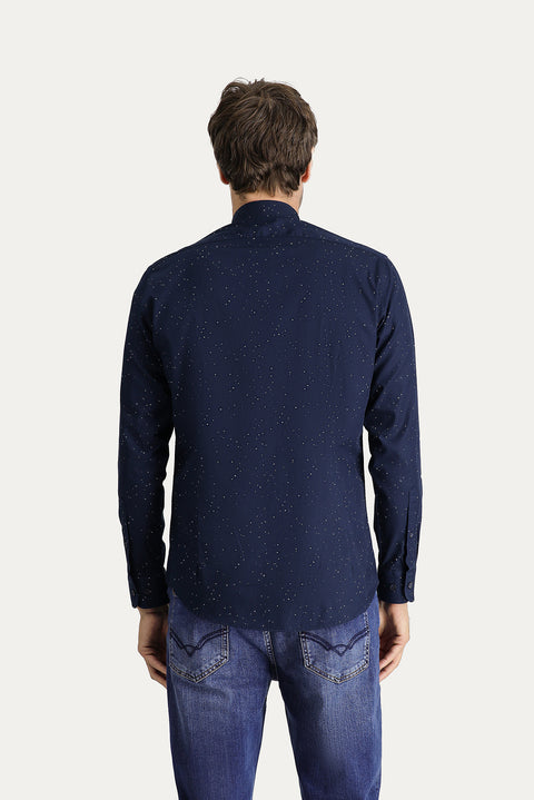 Dark Navy Long Sleeve Slim Fit Printed Cotton Button-Down Collar Shirt