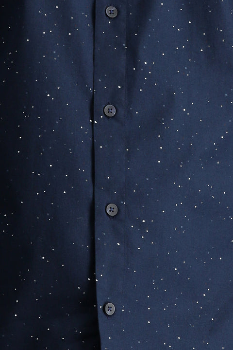 Dark Navy Long Sleeve Slim Fit Printed Cotton Button-Down Collar Shirt