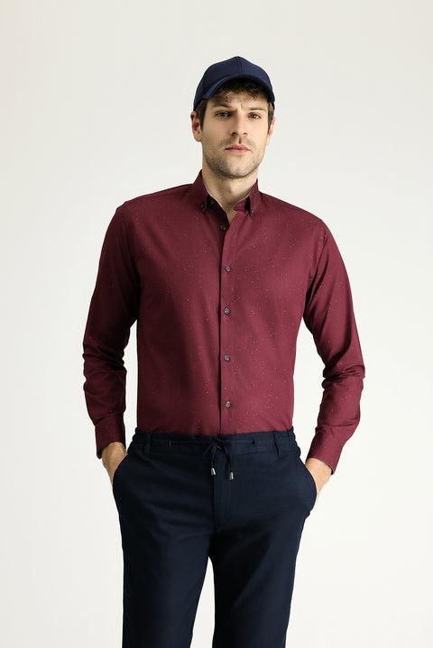 Light Burgundy Long Sleeve Slim Fit Printed Cotton Button-Down Collar Shirt