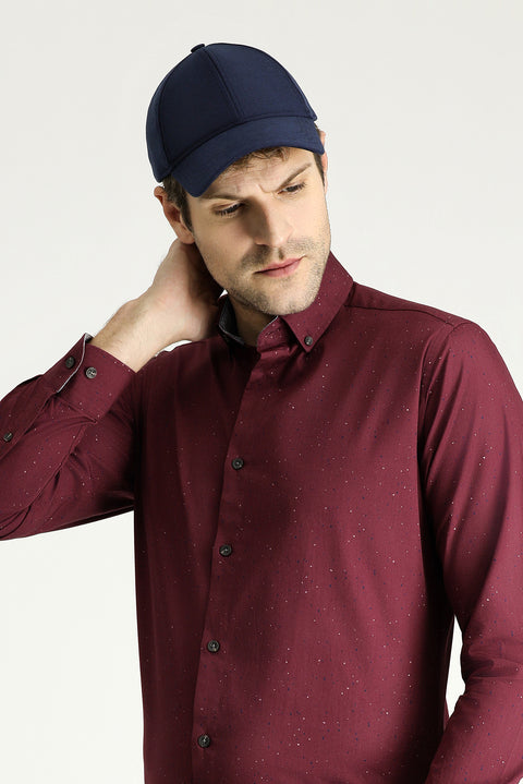 Light Burgundy Long Sleeve Slim Fit Printed Cotton Button-Down Collar Shirt