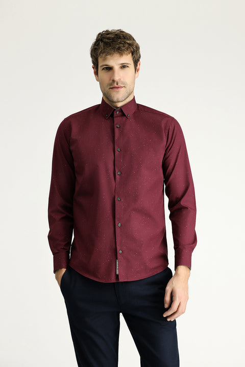 Light Burgundy Long Sleeve Slim Fit Printed Cotton Button-Down Collar Shirt