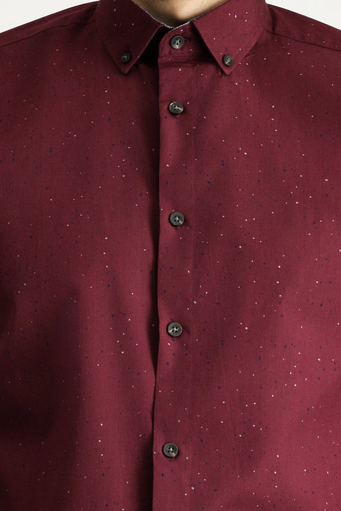 Light Burgundy Long Sleeve Slim Fit Printed Cotton Button-Down Collar Shirt