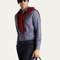 Indigo Long Sleeve Slim Fit Printed Cotton Shirt, Easy Iron