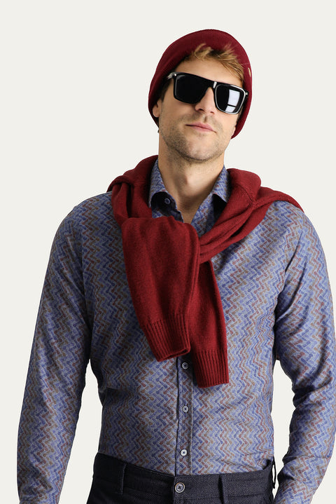 Indigo Long Sleeve Slim Fit Printed Cotton Shirt, Easy Iron