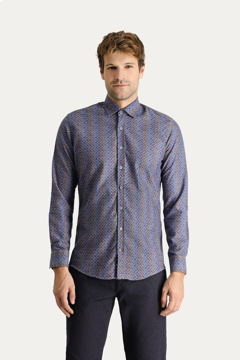 Indigo Long Sleeve Slim Fit Printed Cotton Shirt, Easy Iron