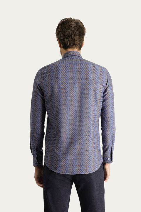 Indigo Long Sleeve Slim Fit Printed Cotton Shirt, Easy Iron