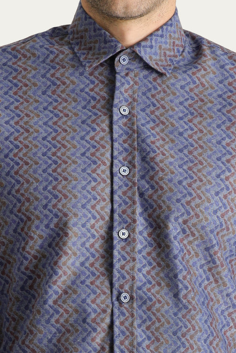 Indigo Long Sleeve Slim Fit Printed Cotton Shirt, Easy Iron