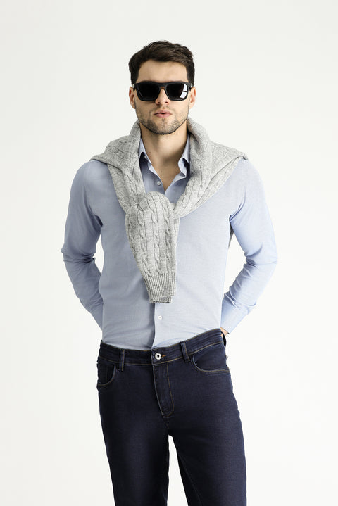 Mavi Uzun Kol Slim Fit Dar Kesim Baskılı Pamuklu Kolay Ütülenebilir Gömlek