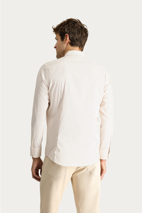 Açık Bej Uzun Kol Slim Fit Dar Kesim Baskılı Pamuklu Gömlek