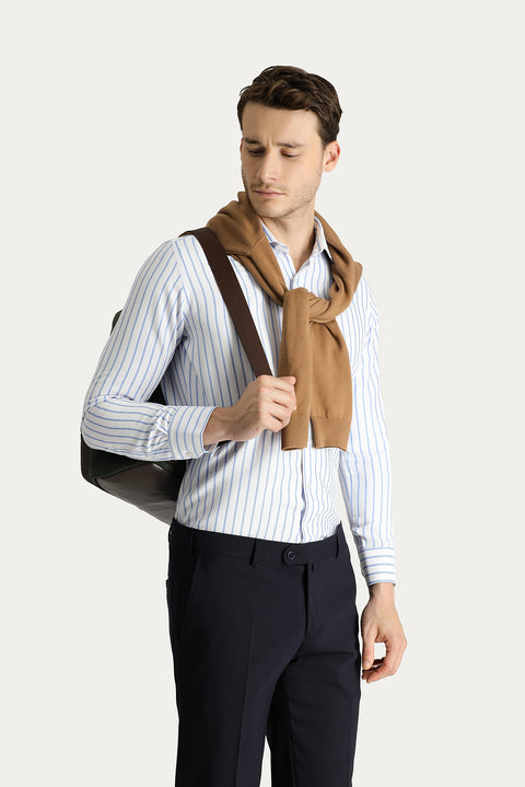 Light Blue Long Sleeve Slim Fit Striped Cotton Easy-Iron Shirt