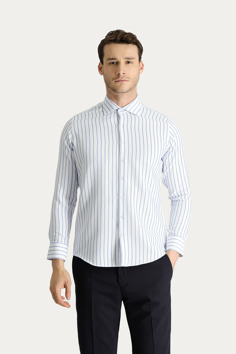 Light Blue Long Sleeve Slim Fit Striped Cotton Easy-Iron Shirt