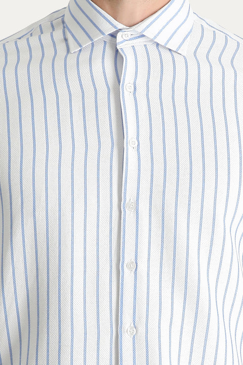 Light Blue Long Sleeve Slim Fit Striped Cotton Easy-Iron Shirt