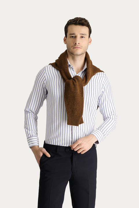 Blue Long Sleeve Slim Fit Striped Cotton Easy-Iron Shirt