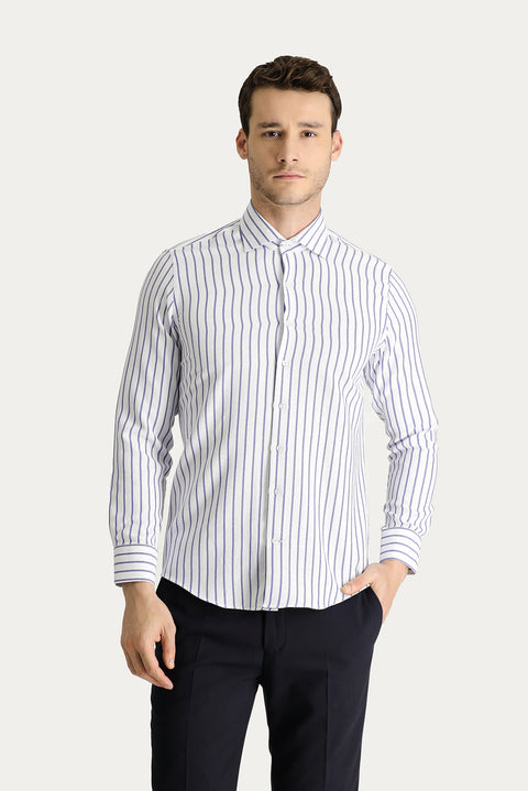 Blue Long Sleeve Slim Fit Striped Cotton Easy-Iron Shirt