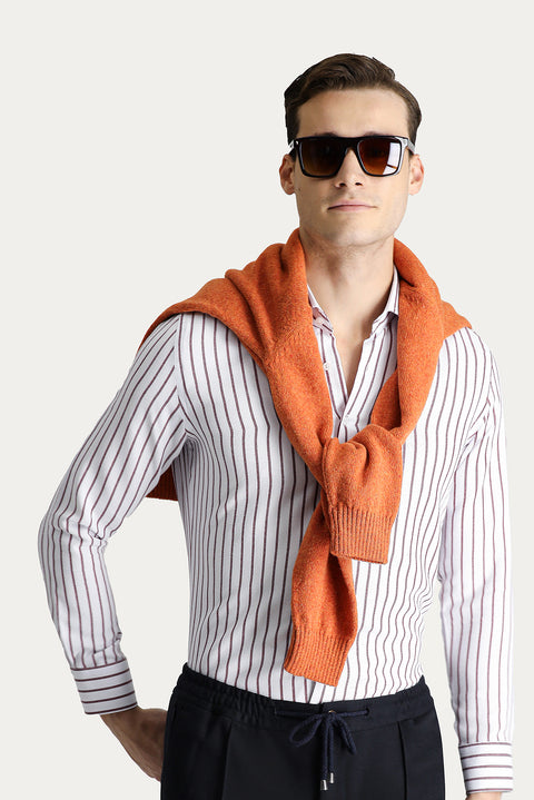 Koyu Bordo Uzun Kol Slim Fit Dar Kesim Çizgili Pamuklu Gömlek