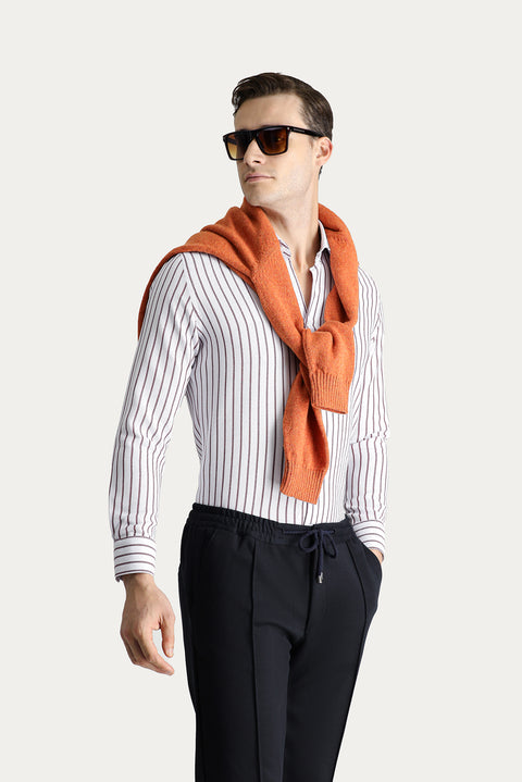 Koyu Bordo Uzun Kol Slim Fit Dar Kesim Çizgili Pamuklu Gömlek