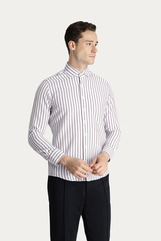  Koyu Bordo Uzun Kol Slim Fit Dar Kesim Çizgili Pamuklu Gömlek