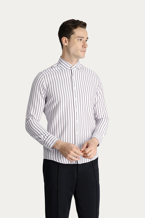 Koyu Bordo Uzun Kol Slim Fit Dar Kesim Çizgili Pamuklu Gömlek