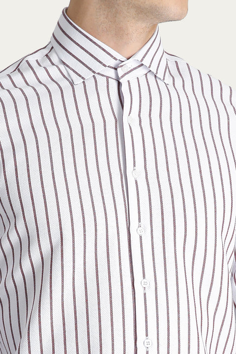 Koyu Bordo Uzun Kol Slim Fit Dar Kesim Çizgili Pamuklu Gömlek