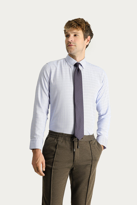 Blue Long Sleeve Slim Fit Non-Iron Plaid Cotton Shirt