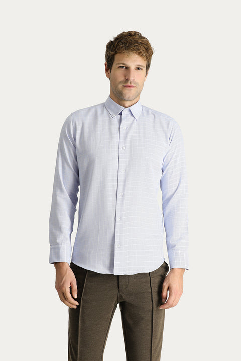 Blue Long Sleeve Slim Fit Non-Iron Plaid Cotton Shirt