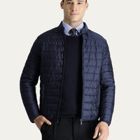 Dark Navy Stand Collar Zippered Quilted Sport Jacket with Pockets