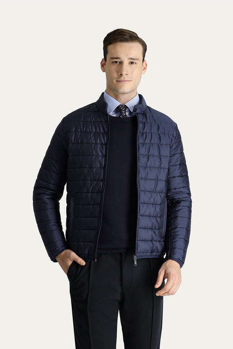 Dark Navy Stand Collar Zippered Quilted Sport Jacket with Pockets
