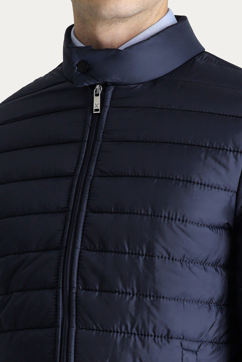 Dark Navy Stand Collar Zippered Quilted Sport Jacket with Pockets
