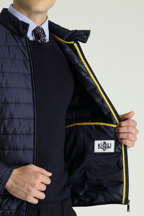 Dark Navy Stand Collar Zippered Quilted Sport Jacket with Pockets